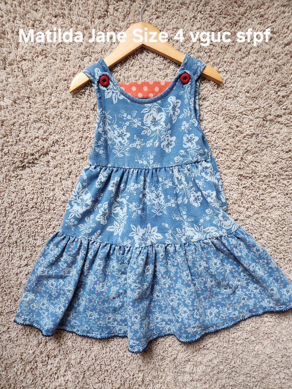 Matilda Jane Blue Floral Tiered Dress with Red Button Details